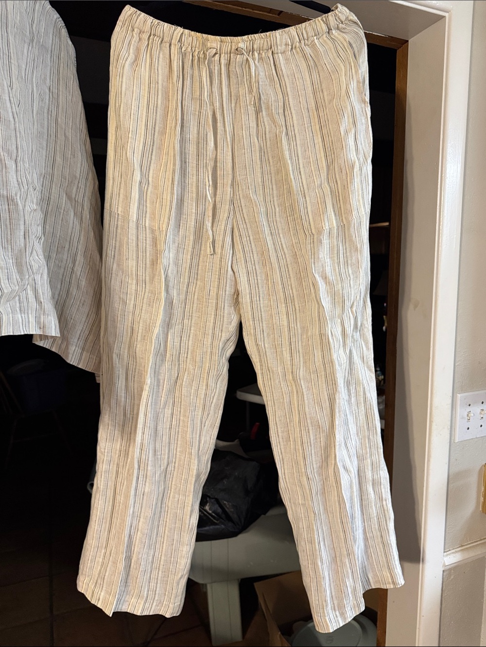 Eskandar Beige Striped Women’s Linen Blend Pants